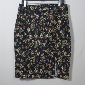Navy Floral Pencil Skirt with Button Detail